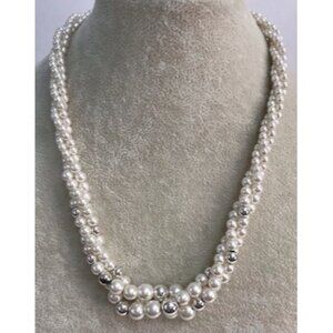 Vintage Napier Signed Necklace Faux Pearl & Silver Tone Bead Twisted Strand
